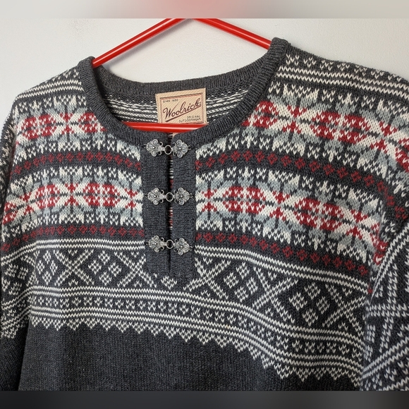 WOOLRICH Original Outdoor Wear Knit Women Crewneck Sweater Size XL Gray And Red - Picture 2 of 10